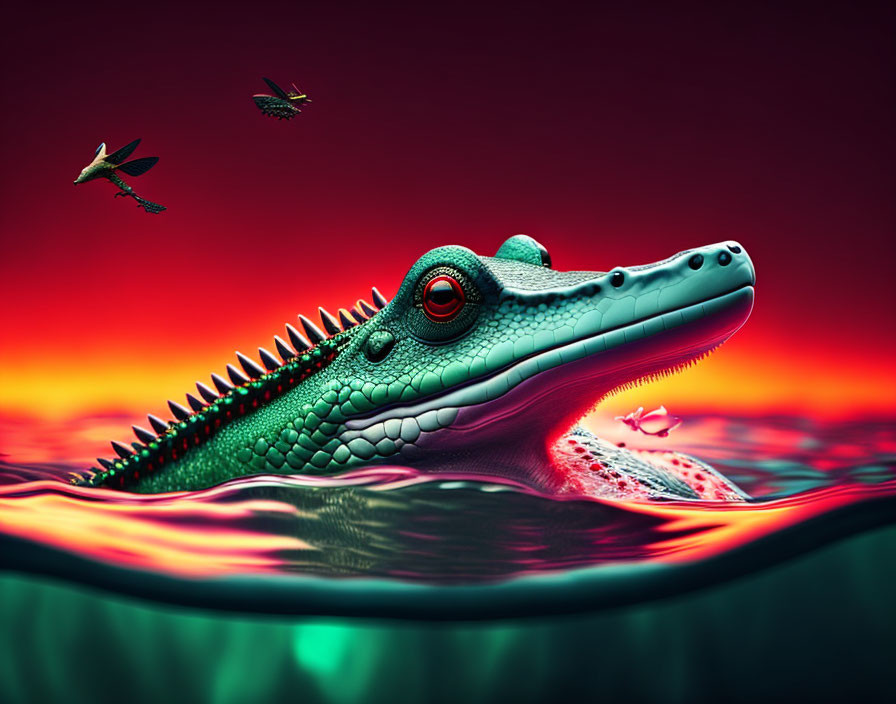 Colorful Crocodile Illustration Swimming in Crimson Water with Dragonflies