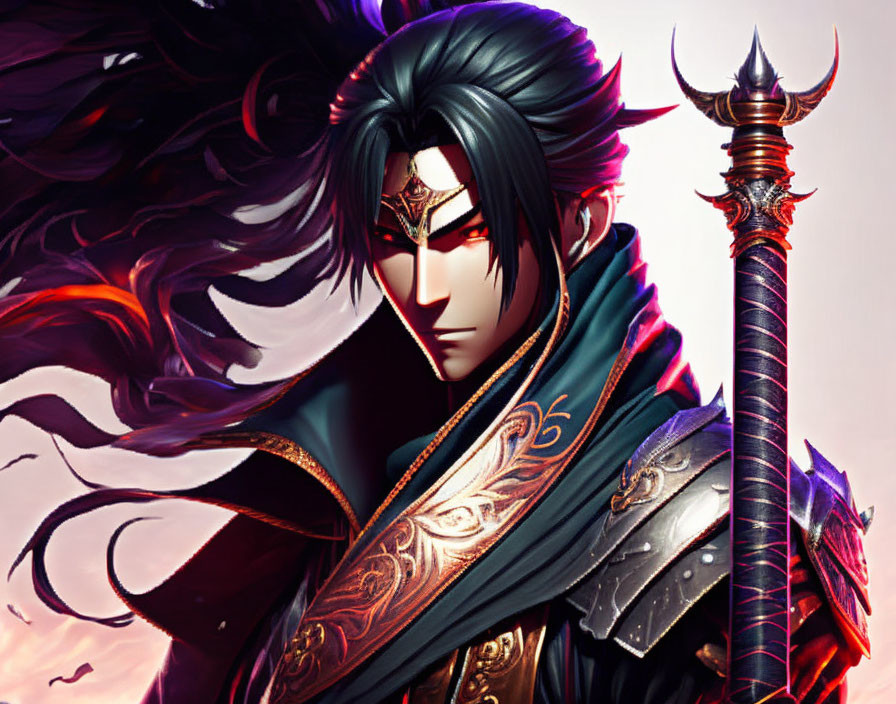 Dark-haired anime warrior in detailed armor with red eyes and spear on crimson backdrop