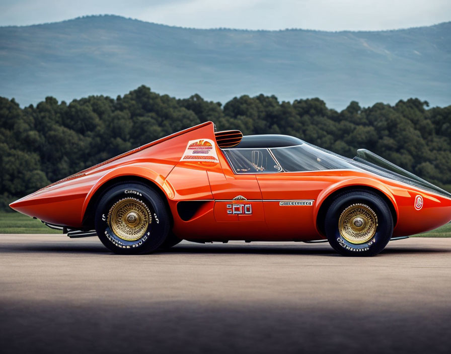 Vintage Orange Race Car with Gold Rims and White Sidewall Tires on Asphalt Surface