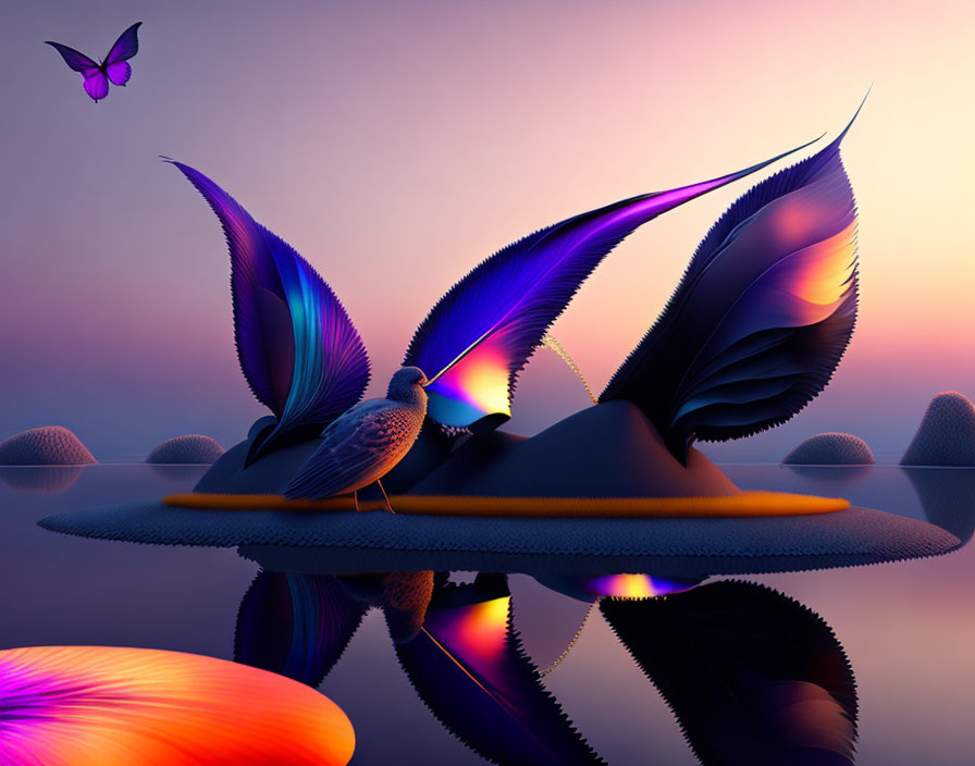 Vibrant surreal artwork: bird, butterflies, and orbs on island in purple dreamscape