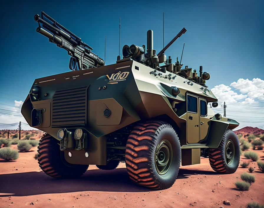 Armored military vehicle with turret and missile launchers in desert landscape