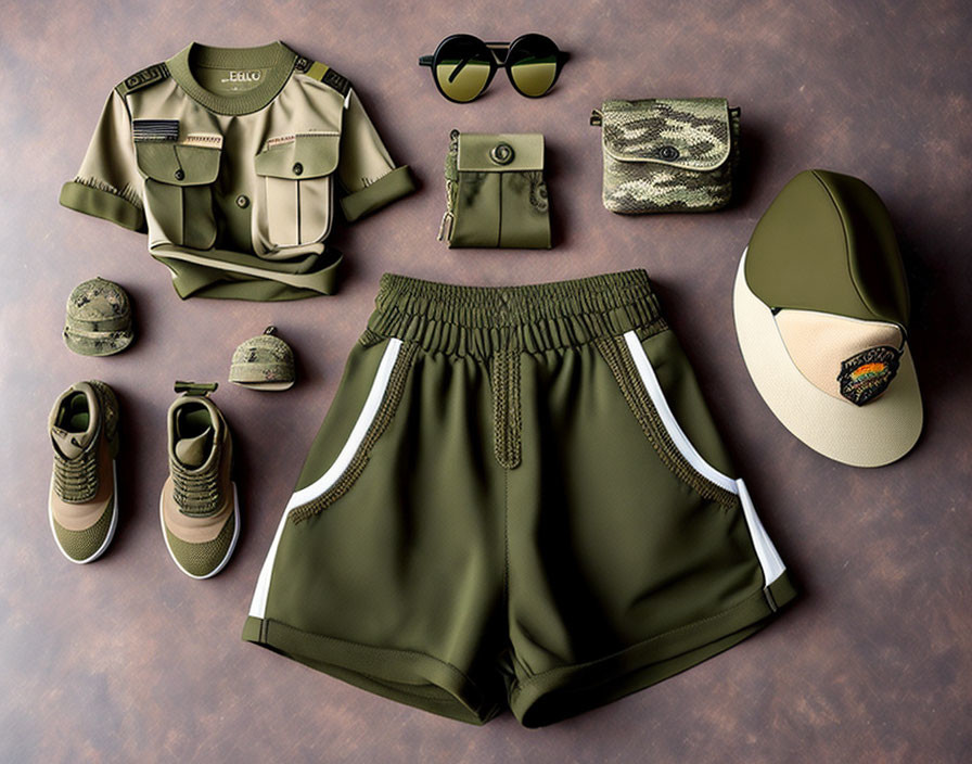 Military-Inspired Fashion Items Displayed on Flat Surface