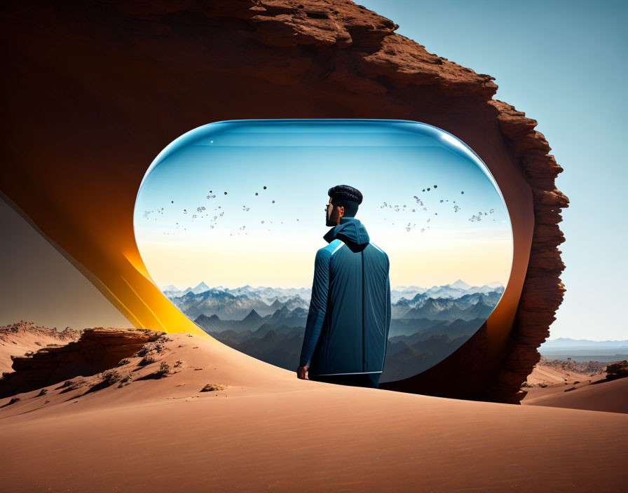 Person in blue cape at futuristic portal with mountainous landscape and surreal color palette