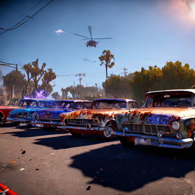 Rusted vintage cars under hazy sky with helicopter and jets overhead