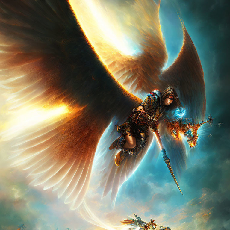 Majestic armored figure with large wings wielding a spear in dramatic sky