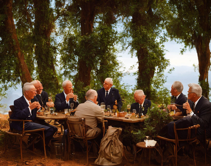 Elderly gentlemen dining outdoors at elegantly set table