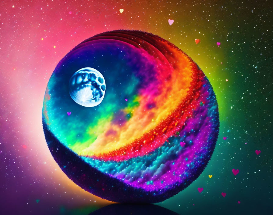 Colorful Digital Artwork: Large Textured Sphere with Rainbow Hues, Small Planet, Starry