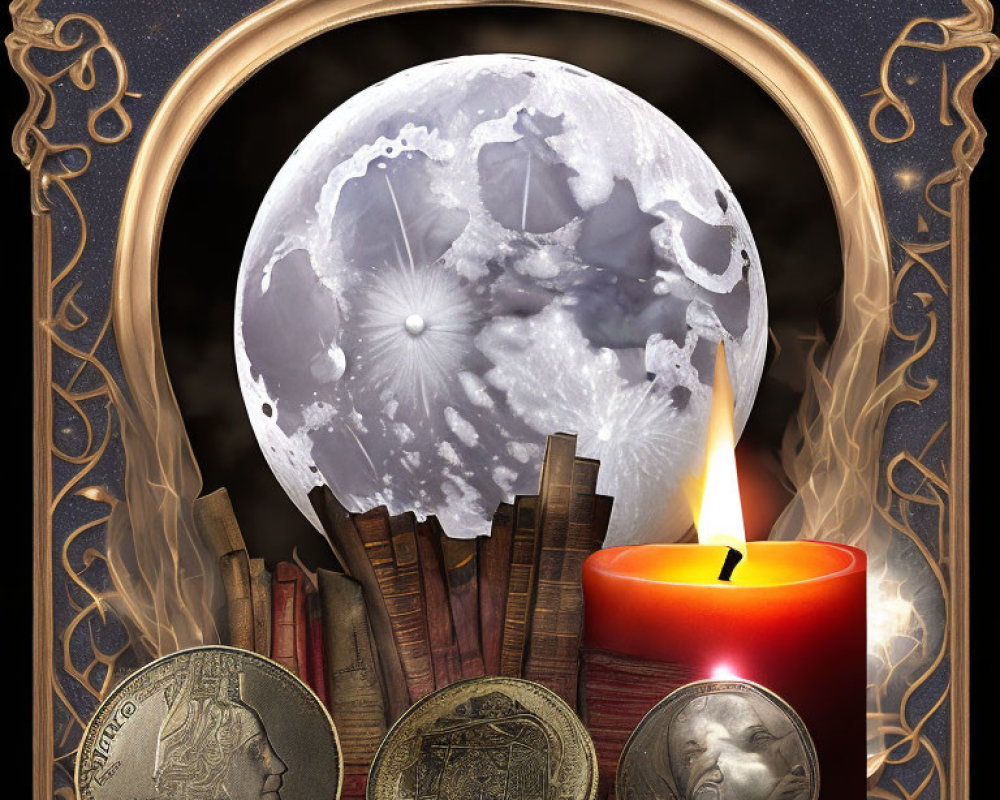 Full Moon Surrounded by Ornate Borders, Old Books, Candle, and Coins