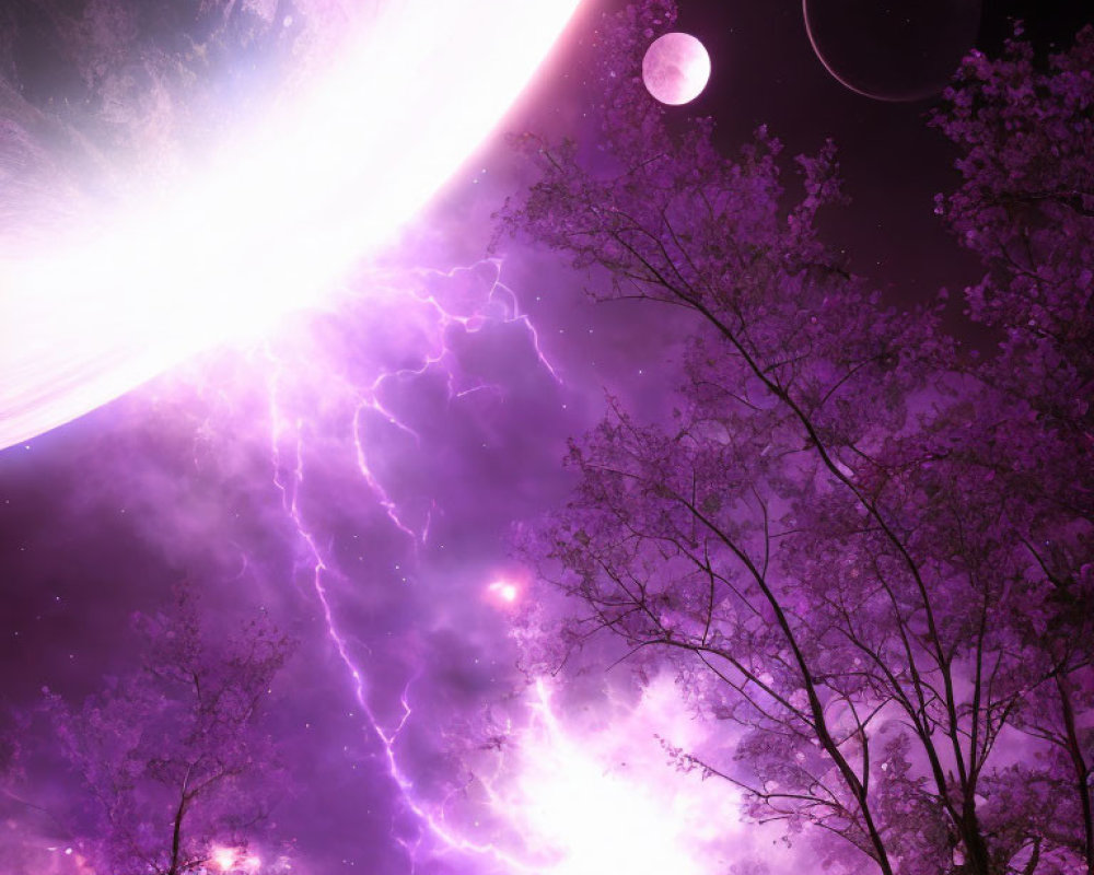 Purple Nebula and Lightning in Cosmic Scene