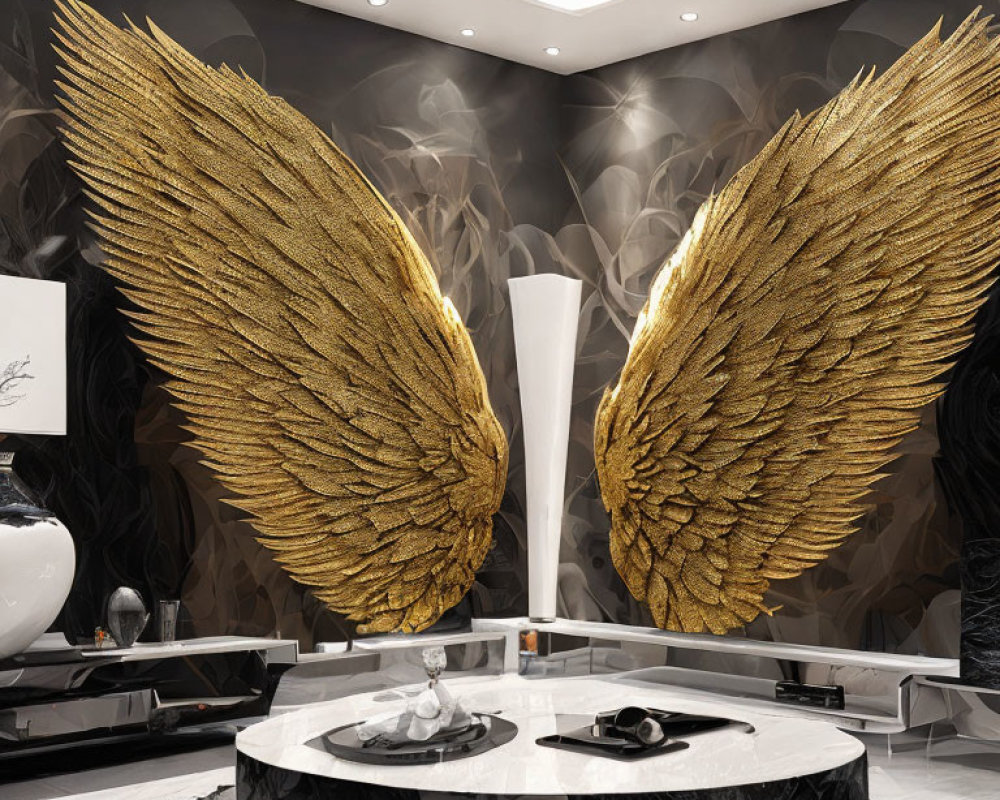 Luxurious Room with Golden Angel Wings and White Furniture