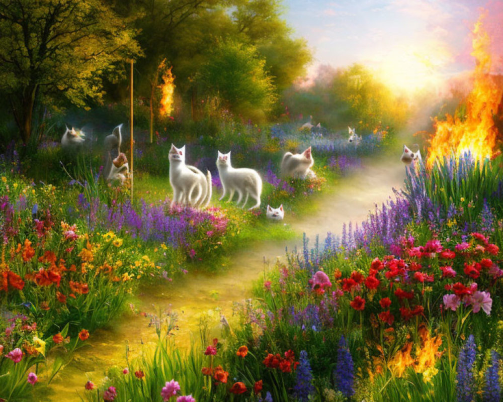 Colorful Flower Garden with Ghostly White Cats at Sunset