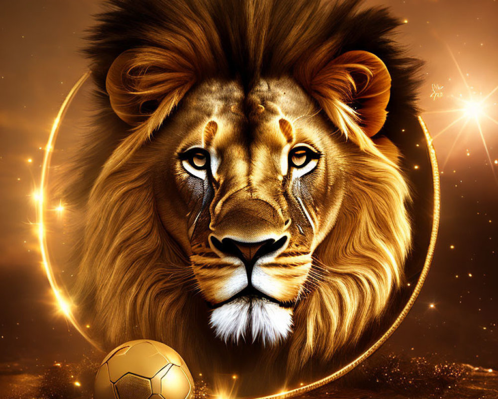 Golden-maned lion's head with halo above soccer ball on brown backdrop