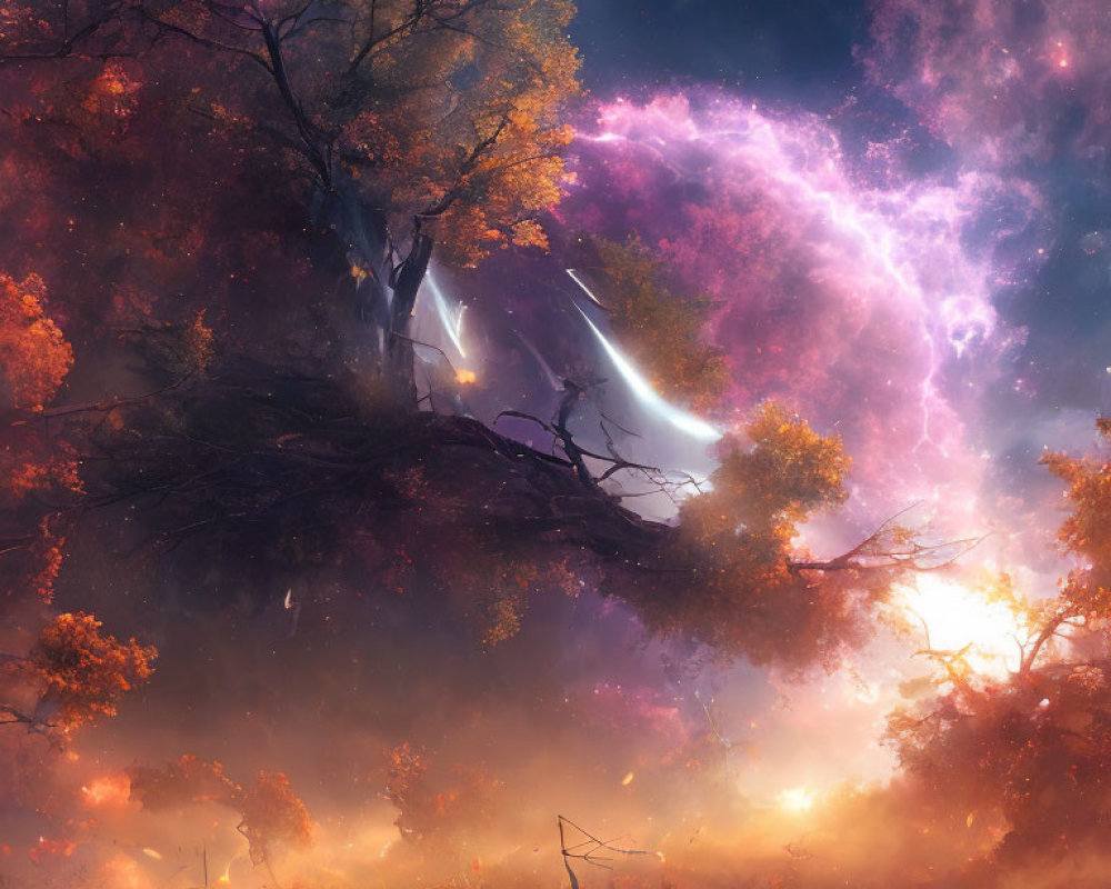 Vibrant autumn forest scene with mystical sky and shooting stars