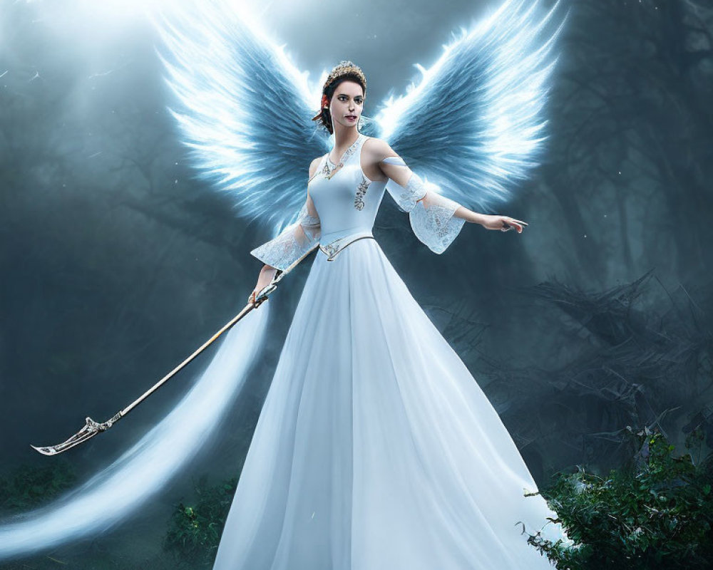 Woman in white dress with angel wings in misty forest holding slender weapon