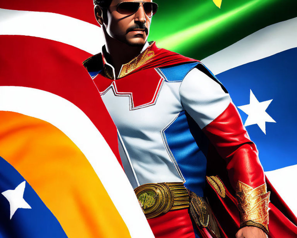 Superhero character with mustache in colorful costume against American and Chinese flags background