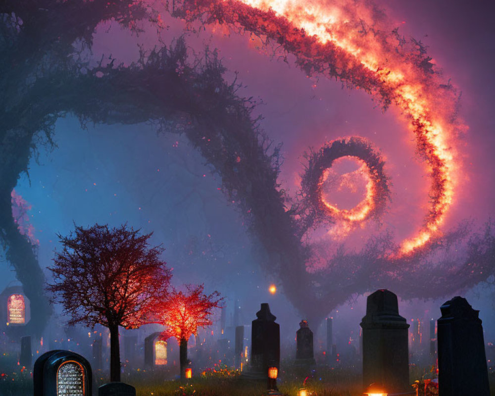 Mystical nighttime cemetery with glowing tombstones and fiery sky spiral