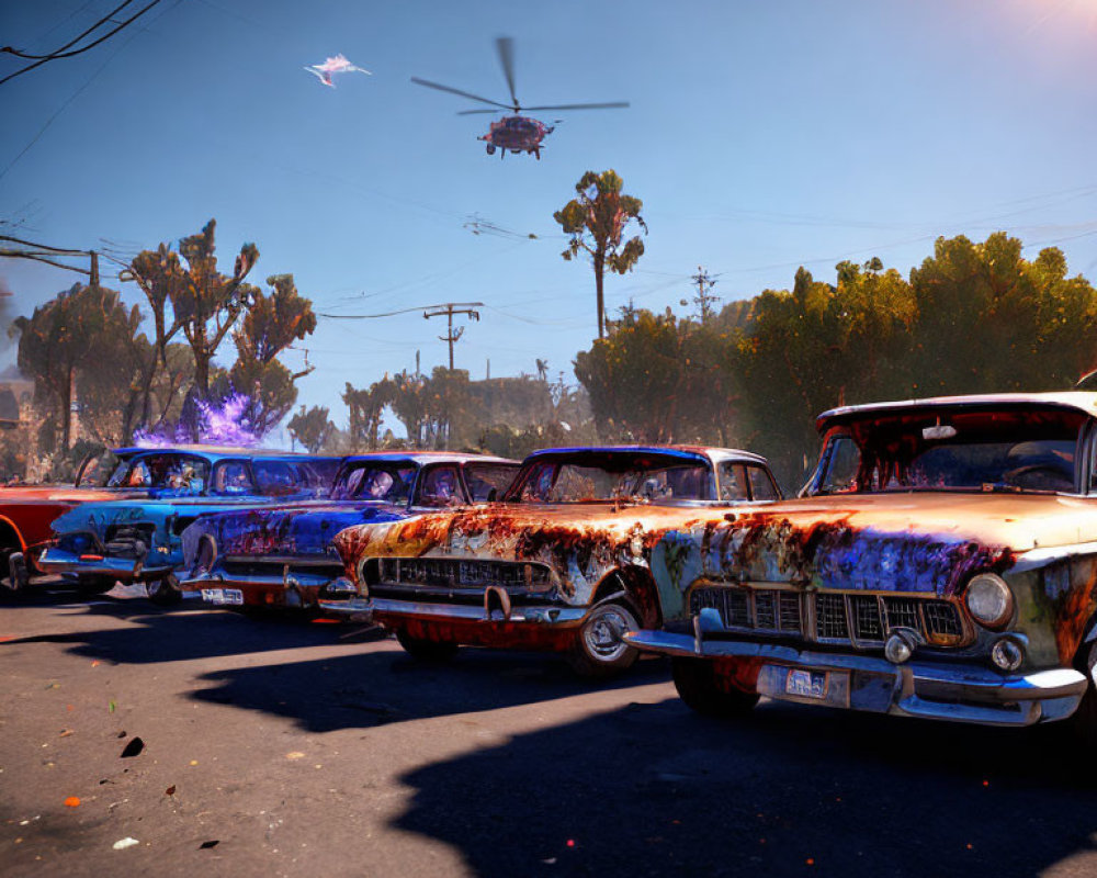 Rusted vintage cars under hazy sky with helicopter and jets overhead