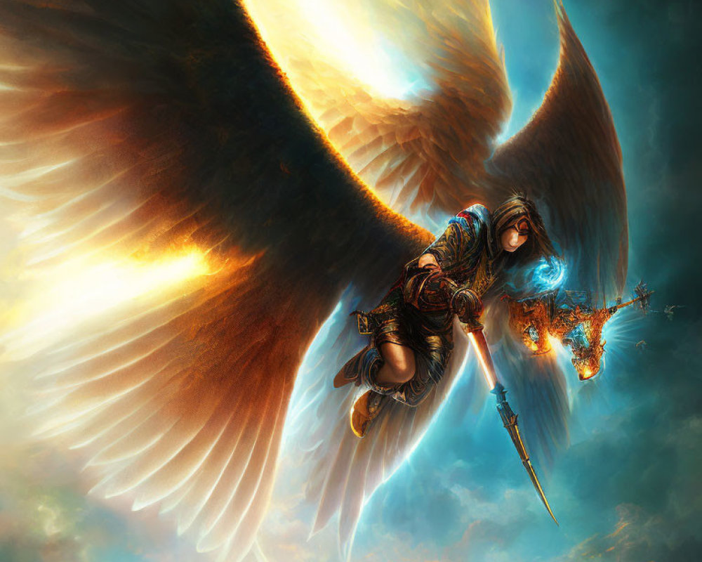 Majestic armored figure with large wings wielding a spear in dramatic sky