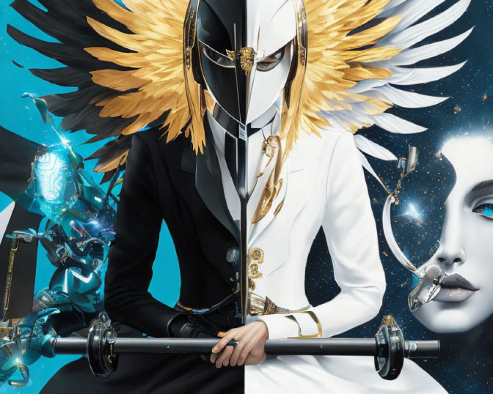 Split digital artwork: Figure in suit with winged helmet, one dark with blue glow, other celestial