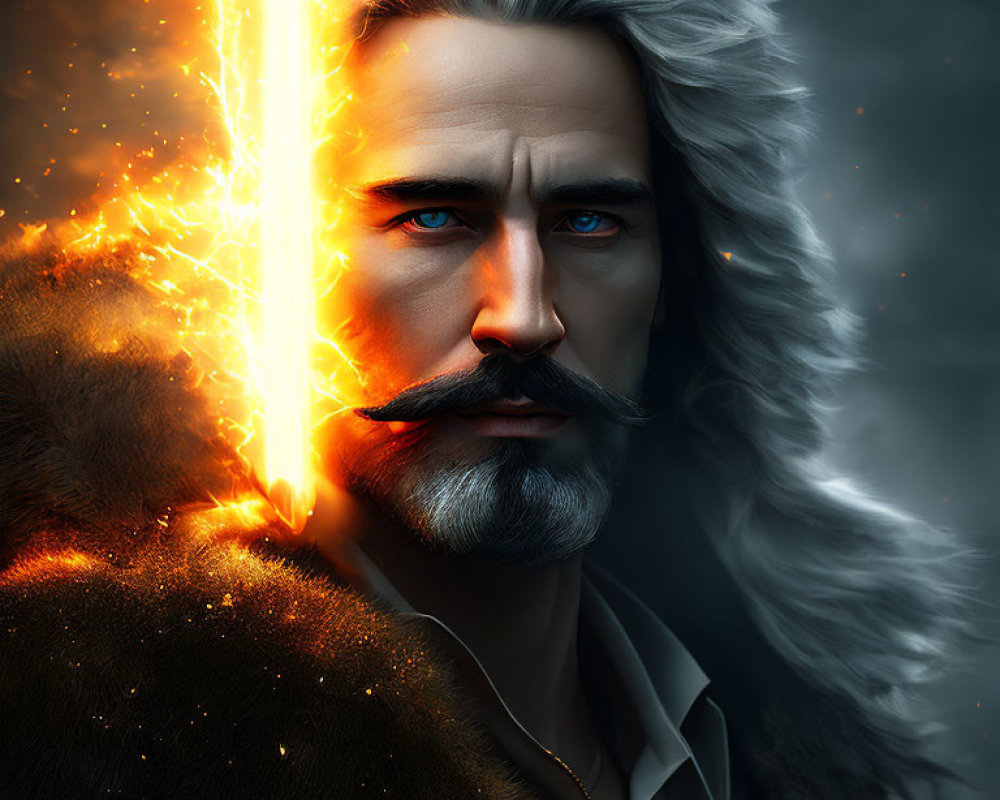 Fantasy digital artwork of solemn man with glowing sword