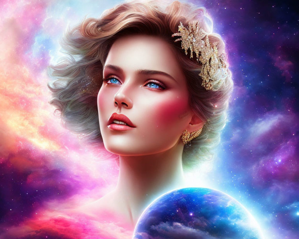 Surreal portrait of woman with cosmic background and reflective orb