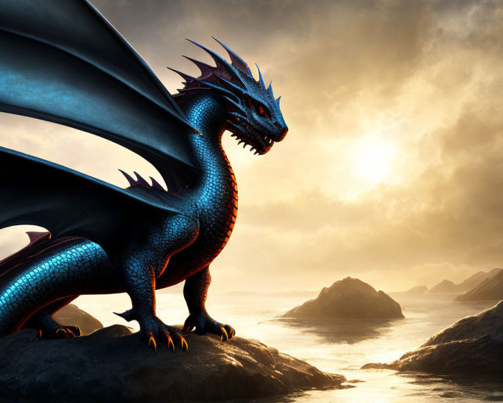 Majestic blue and orange dragon on rocky terrain with dramatic seascape at sunset