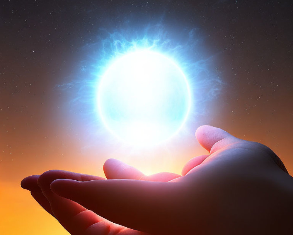 Glowing orb hovering above open hand against twilight sky