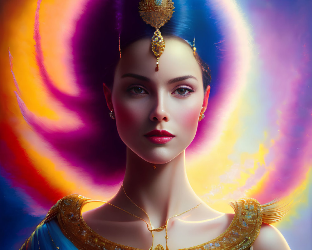 Woman with Blue and Gold Headpiece in Vibrant Swirling Background