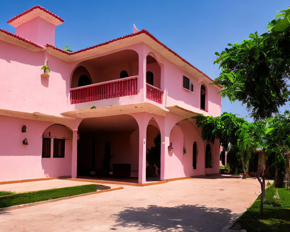 Pink Two-Story Building with Balconies and Arched Doorways in Greenery under Blue Sky