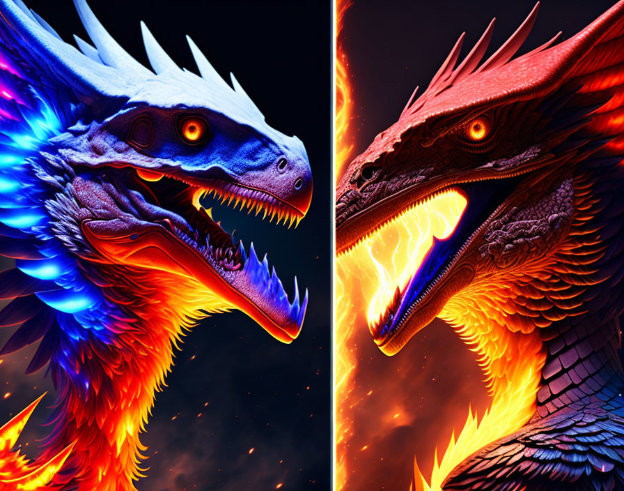 Vibrant mythical dragons with blue and orange flames in fiery icy backdrop