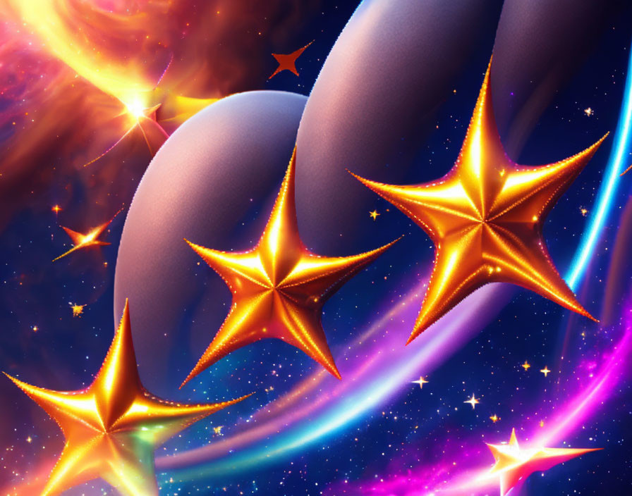 Colorful digital space scene with glossy planets, golden stars, and cosmic nebulae