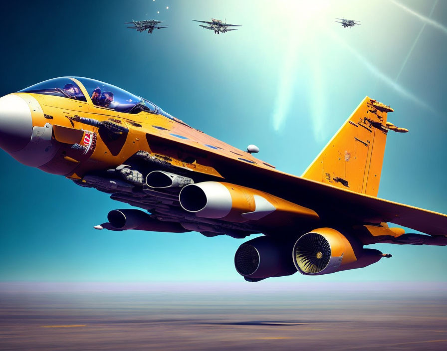 Yellow fighter jet with pilot, weapons, and squadron in action against sunny sky