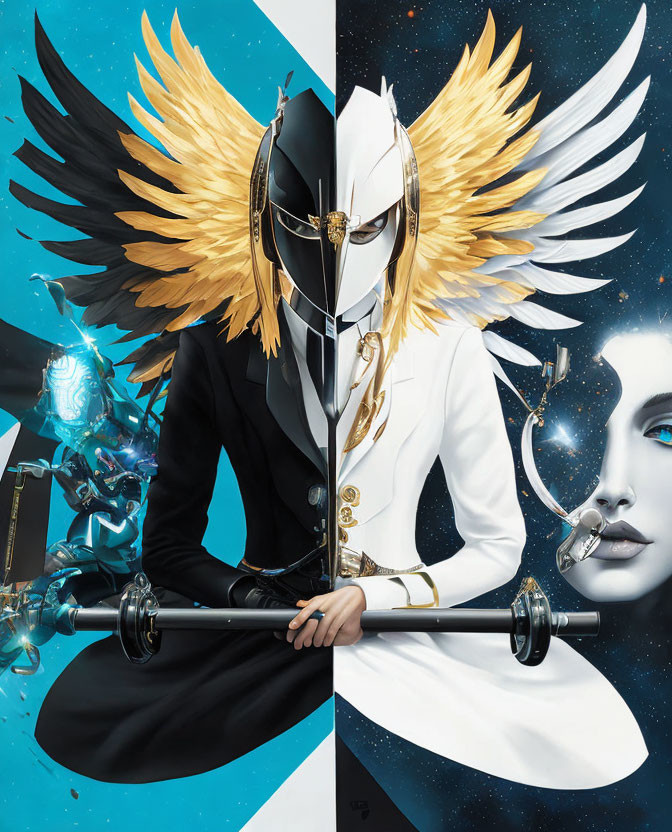 Split digital artwork: Figure in suit with winged helmet, one dark with blue glow, other celestial