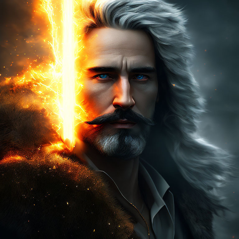 Fantasy digital artwork of solemn man with glowing sword