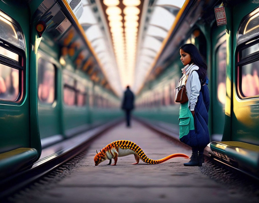 Girl in empty subway car observes colorful gecko and blurred figure on platform