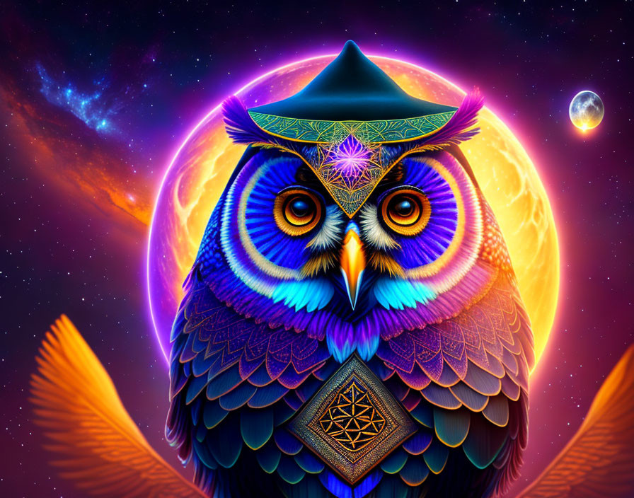 Colorful Owl Illustration with Cosmic Background and Moon