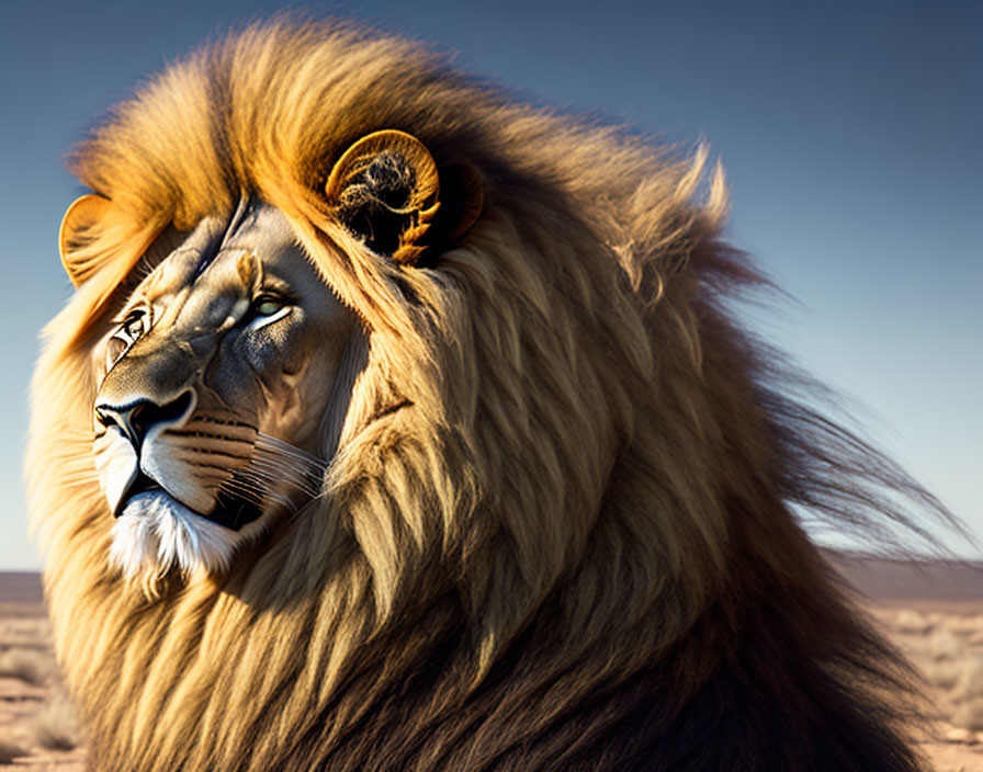 Male lion with lush mane gazing in savanna landscape