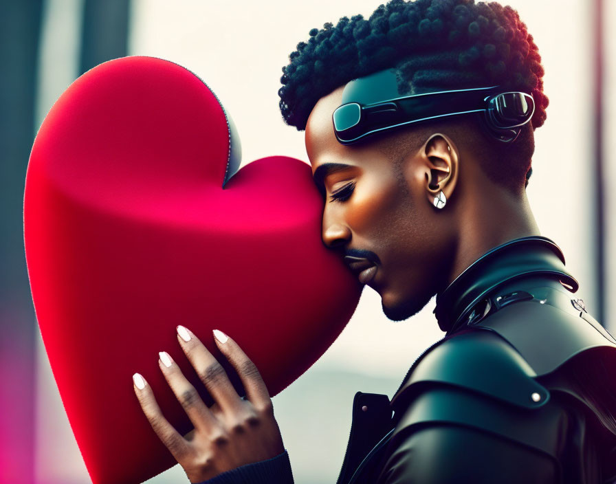 Futuristic person kisses large heart-shaped object in stylized gesture