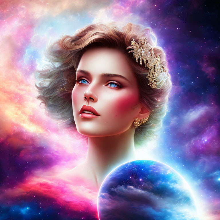 Surreal portrait of woman with cosmic background and reflective orb