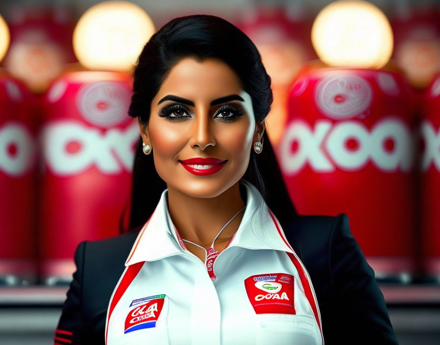 Dark-haired woman in Coca-Cola racing uniform with blurred red cans background