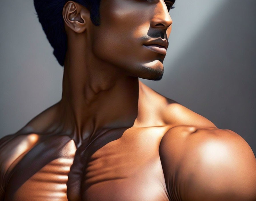 Muscular figure with smooth skin and blue hairstyle depicted in digital art