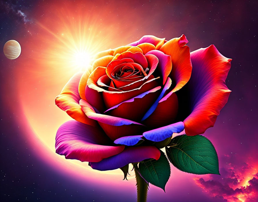 Red and Purple Rose on Starry Space Background