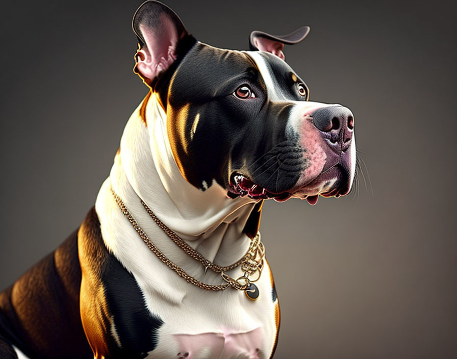 Brindle and White Muscular Dog with Glossy Coat and Golden Chain Collar