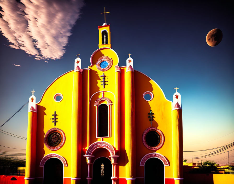 Orange Church with White and Red Accents Against Blue Sky and Crescent Moon