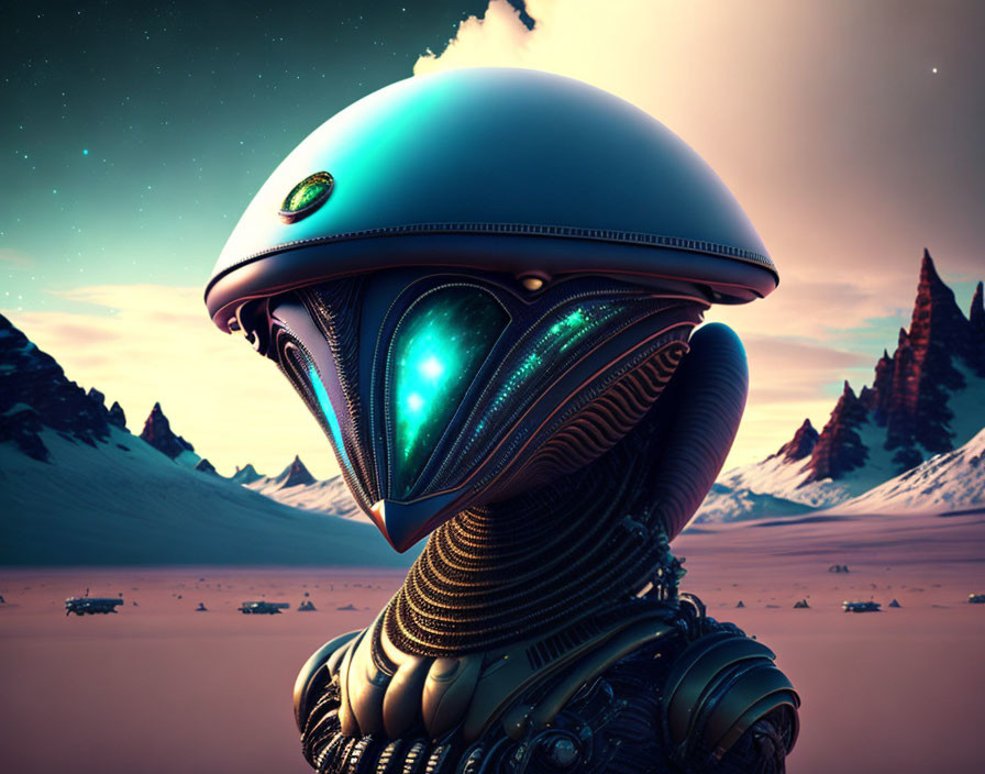 Futuristic robot with illuminated face in desert twilight