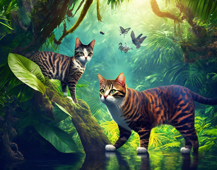 Tiger-Striped Cats in Jungle with Butterflies