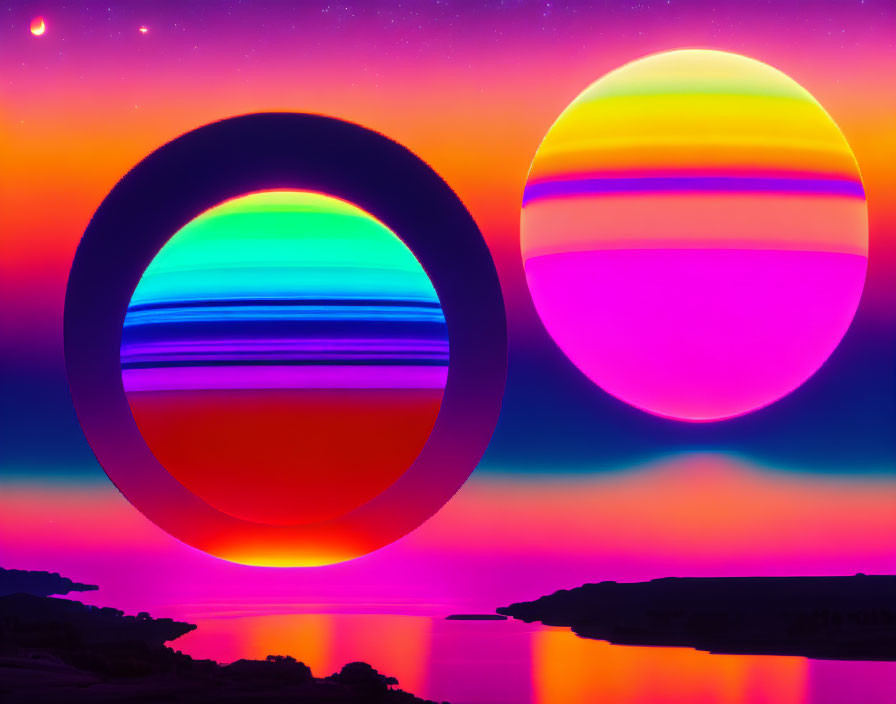 Vibrant neon orbs over serene lake at dusk