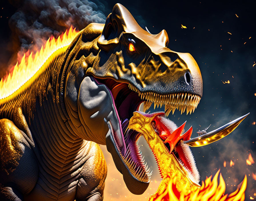 Detailed Tyrannosaurus Rex digital illustration roaring amidst flames and smoke