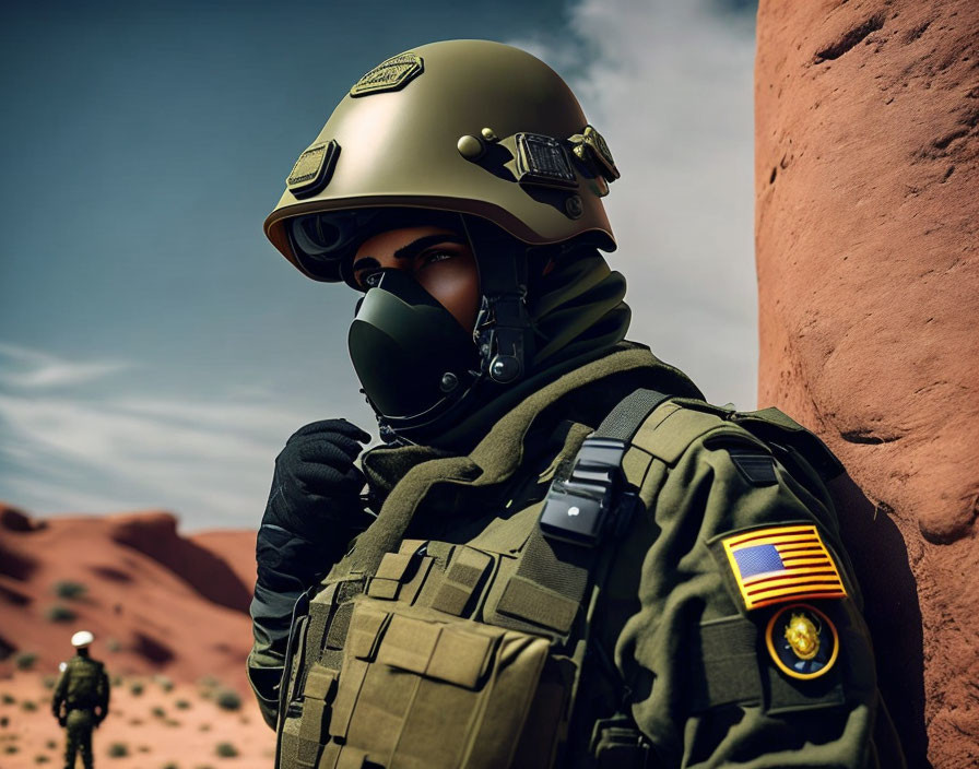 Soldier in Tactical Gear Standing in Desert Environment