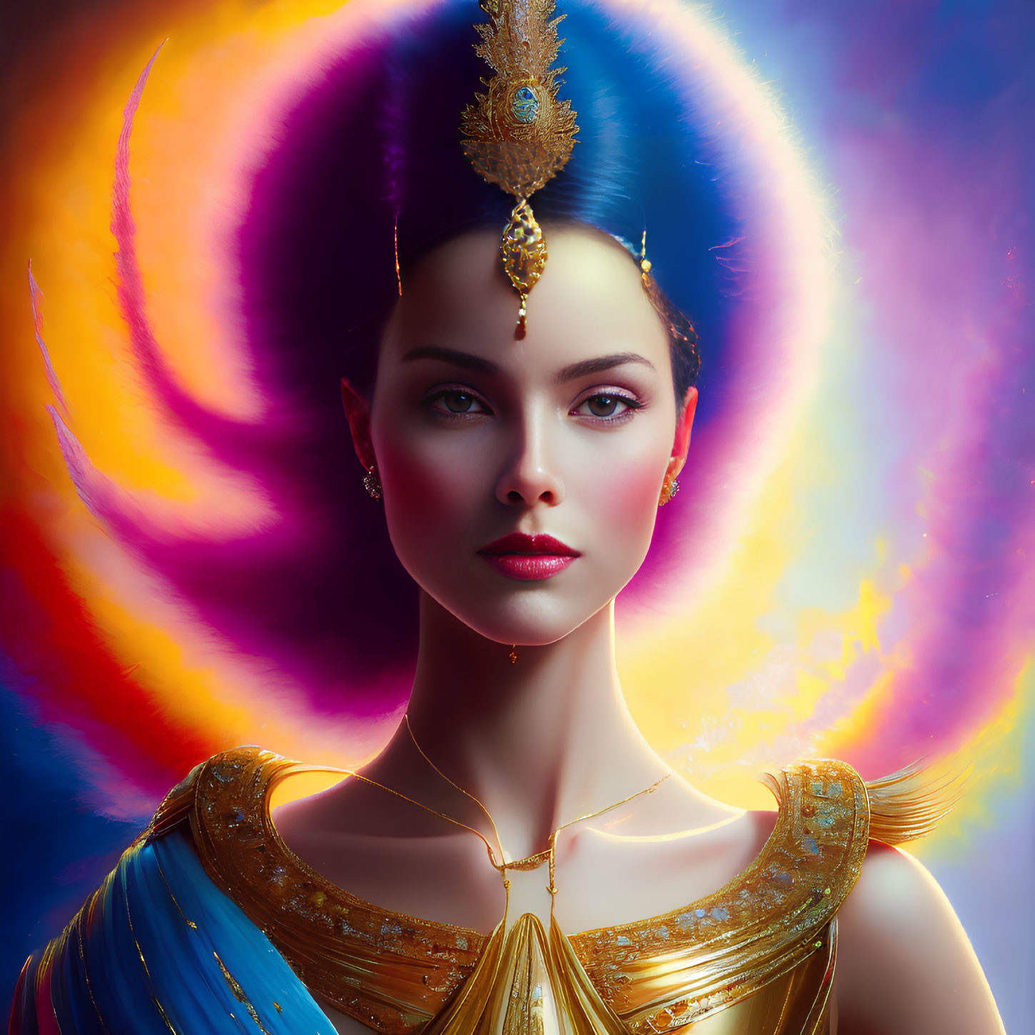 Woman with Blue and Gold Headpiece in Vibrant Swirling Background